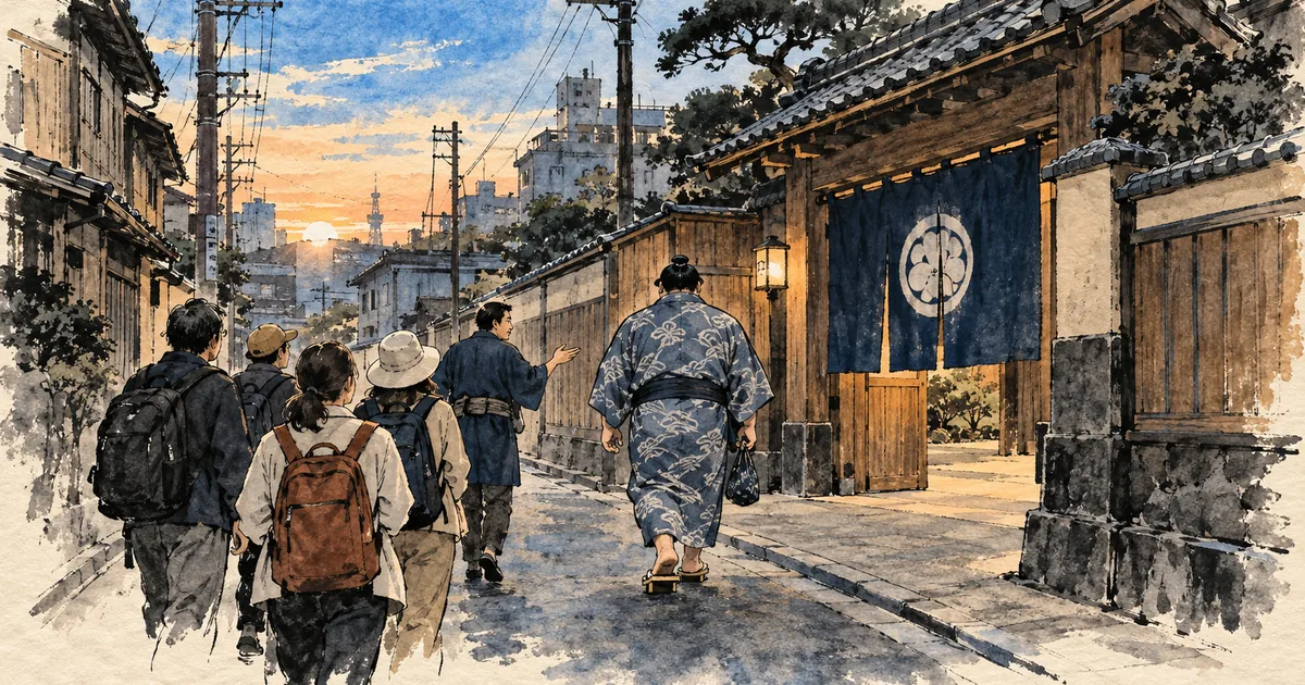Ink-wash illustration of a guide leading visitors along a Ryogoku street at dawn toward a sumo stable gate, a wrestler in yukata walking ahead