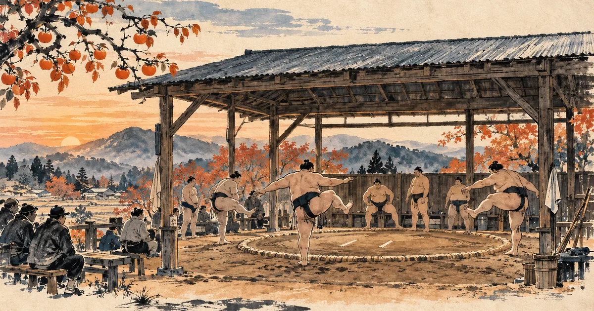 Ink-wash illustration of a temporary sumo training shed in Kyushu in November, wrestlers stomping at dawn and visitors watching from benches