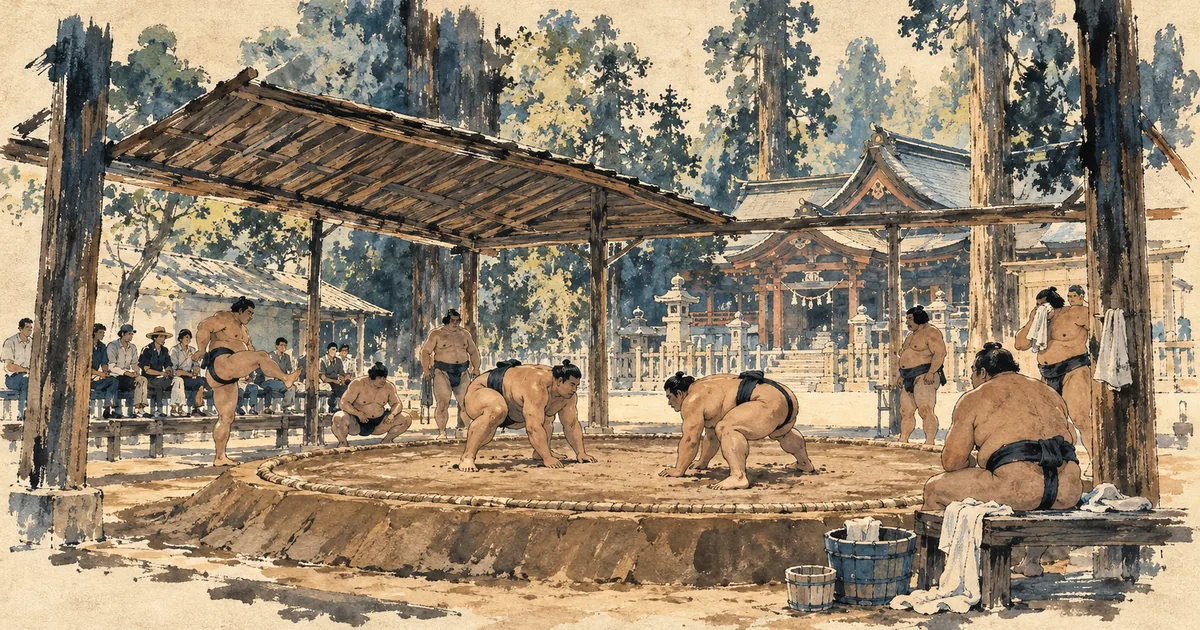 Ink-wash illustration of sumo summer practice under a simple roof beside a shrine near Nagoya in July