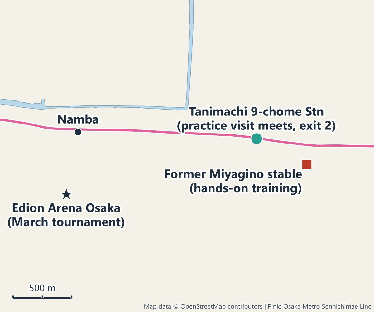 Map of central Osaka: Tanimachi 9-chome Station, the meeting point for the morning practice visit, the former Miyagino stable building in Ishigatsujicho used for the hands-on session, and Edion Arena Osaka, the March tournament venue near Namba, on the Sennichimae subway line