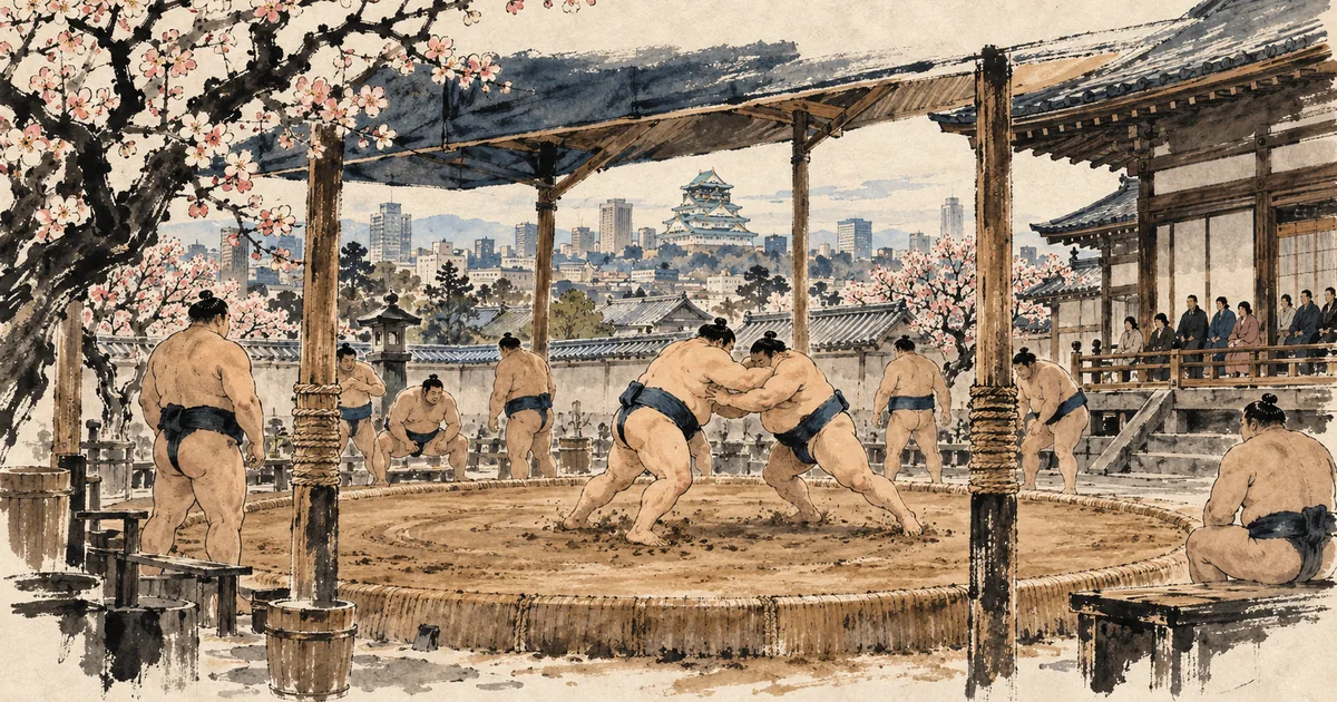 Ink-wash illustration of sumo wrestlers practising in temple grounds in Osaka in early March, plum blossom and the city beyond