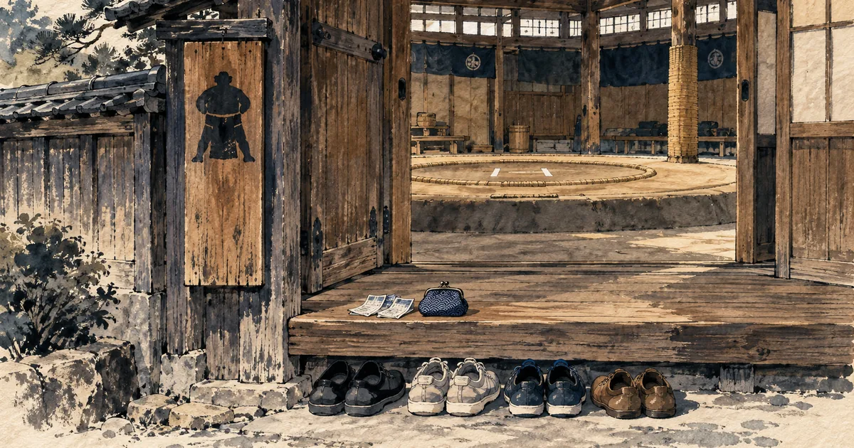 Ink-wash illustration of a sumo stable entrance with visitors' shoes lined up and the practice ring seen through the open door