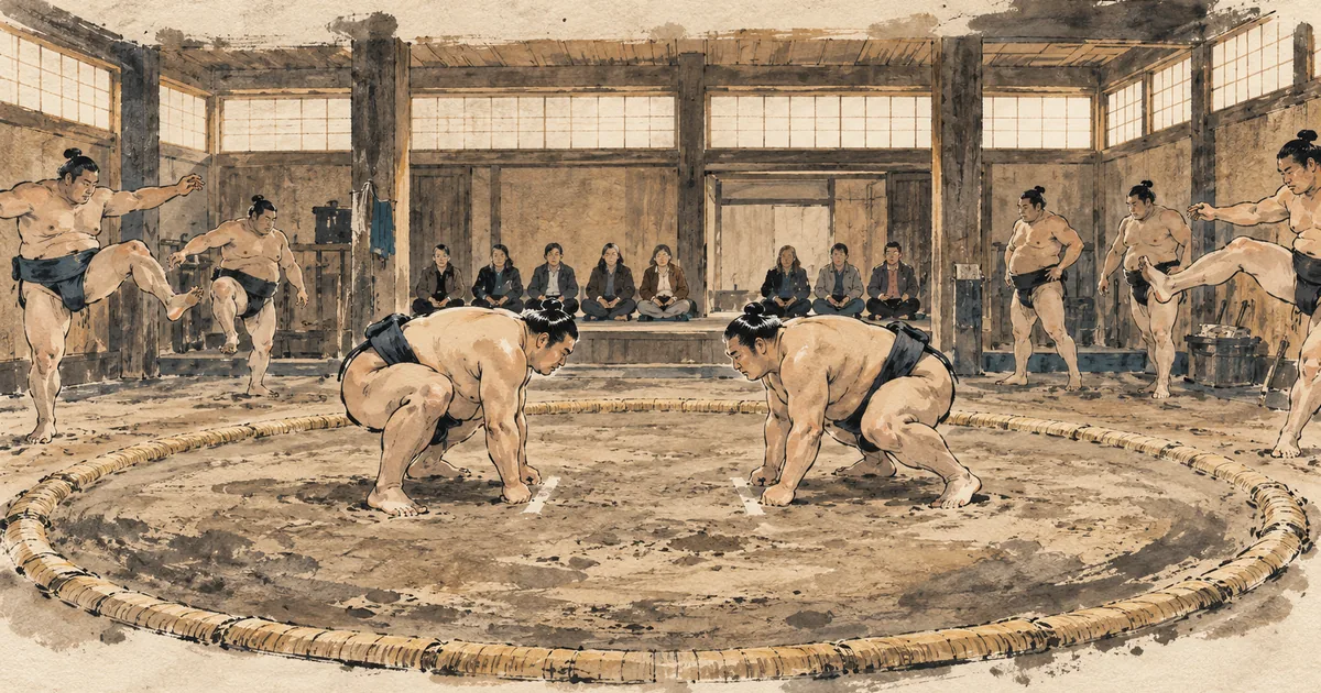 Ink-wash illustration of sumo morning practice in a Tokyo stable, two wrestlers at the starting lines and visitors seated along the back wall